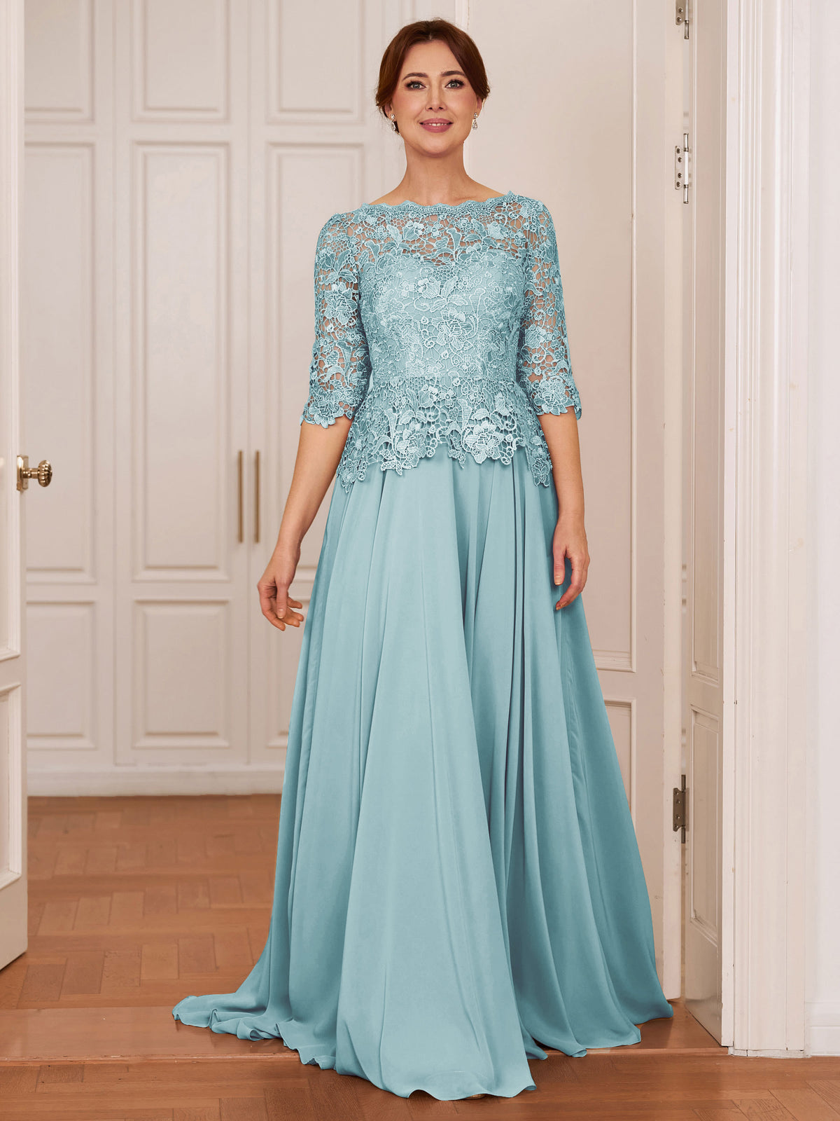 Olivia Mae Sky Blue front view mother of the bride dress