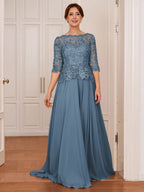 Olivia Mae Steel Blue front view mother of the bride dress