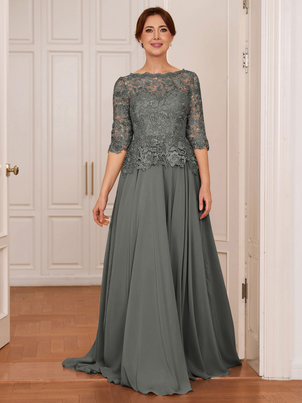 Olivia Mae Steel Grey front view mother of the bride dress