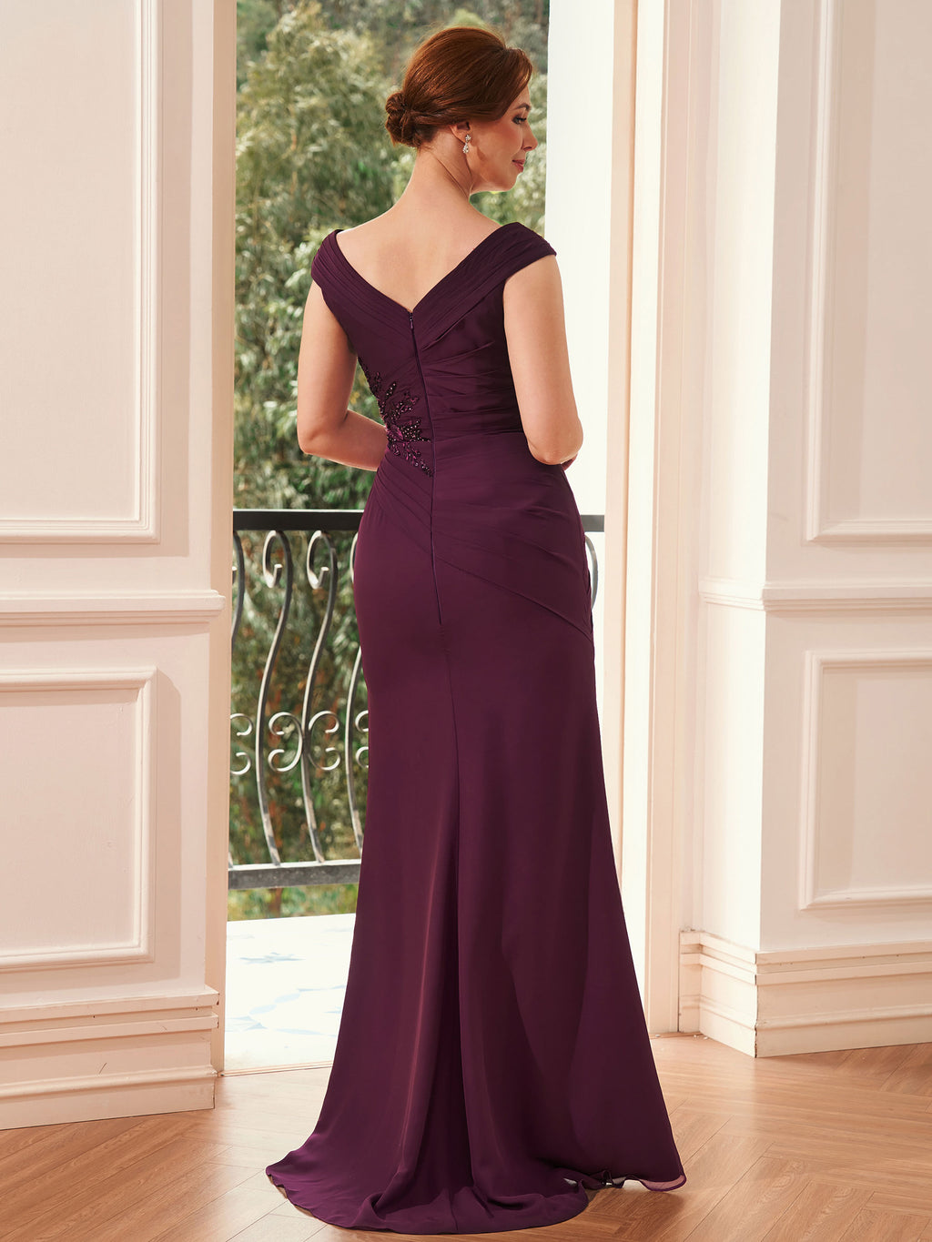 Katherine Elise Grape back view mother of the bride dress
