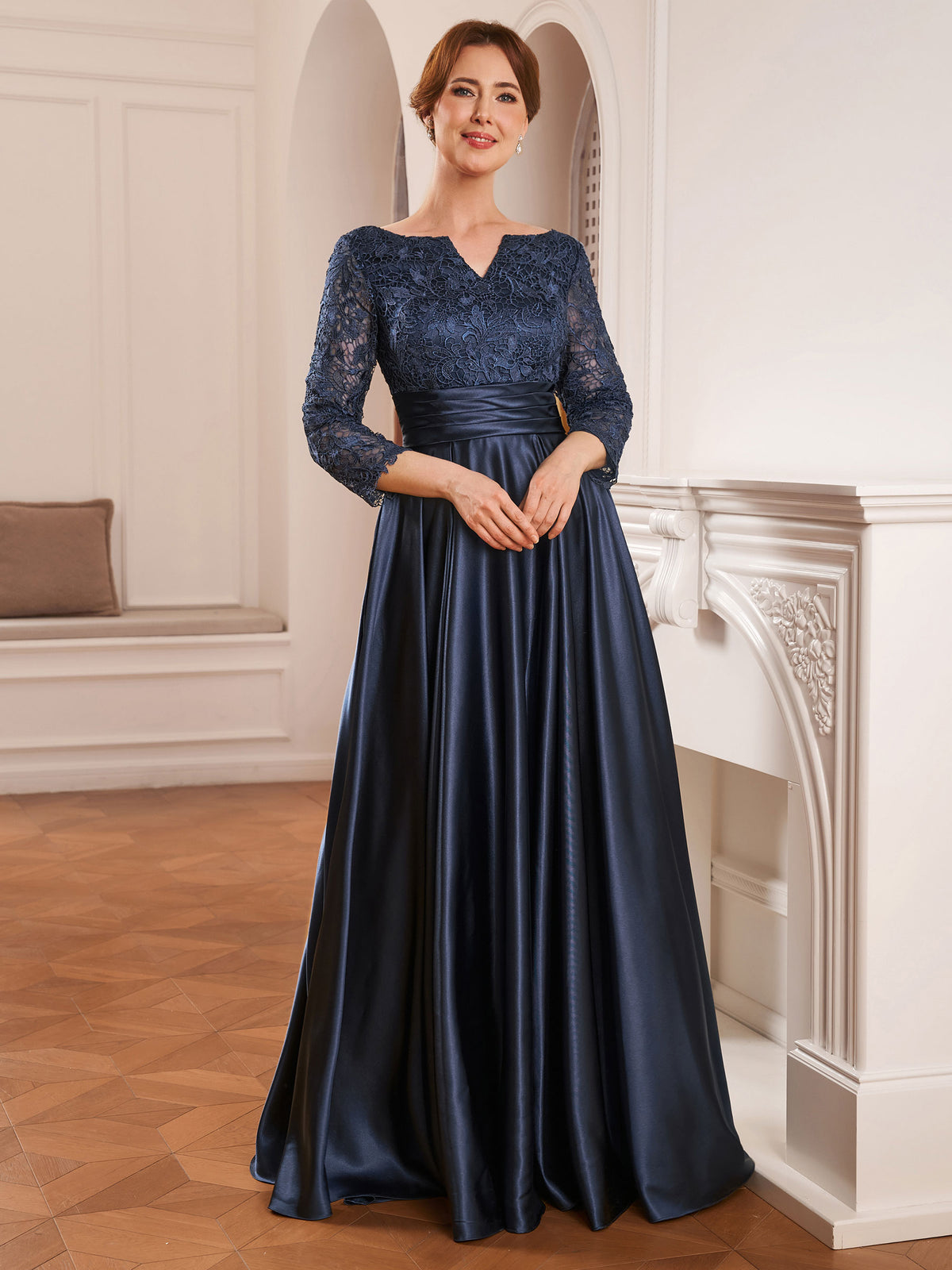 Queen Elise Navy Blue front view mother of the bride dress