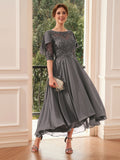 Eva Pearl Steel Blue front view mother of the bride dress
