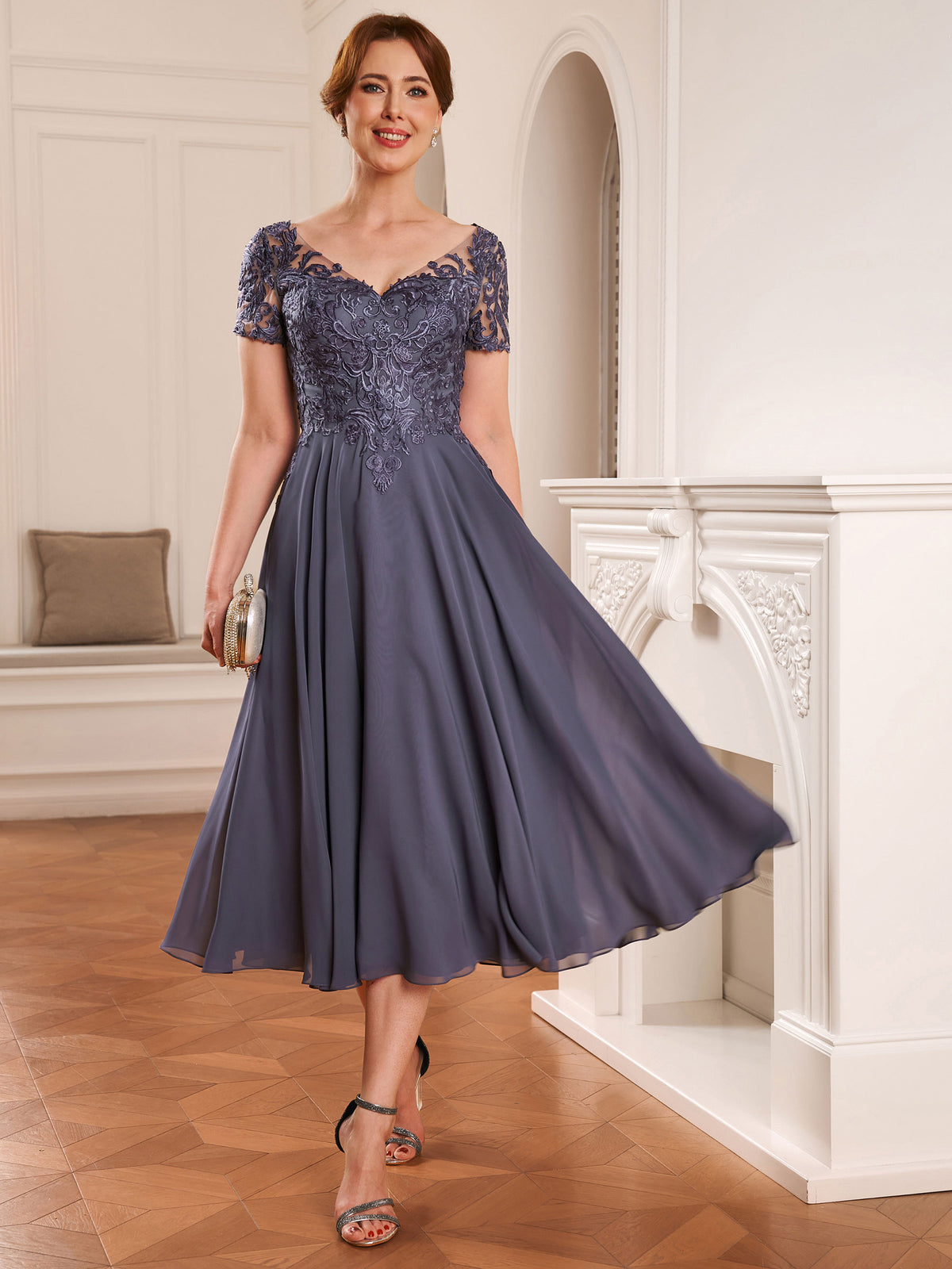 Priscilla Grace Steel Blue front view mother of the bride dress