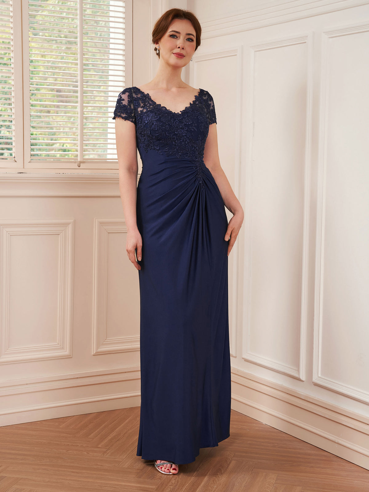 Priscilla June Navy Blue front view mother of the bride dress