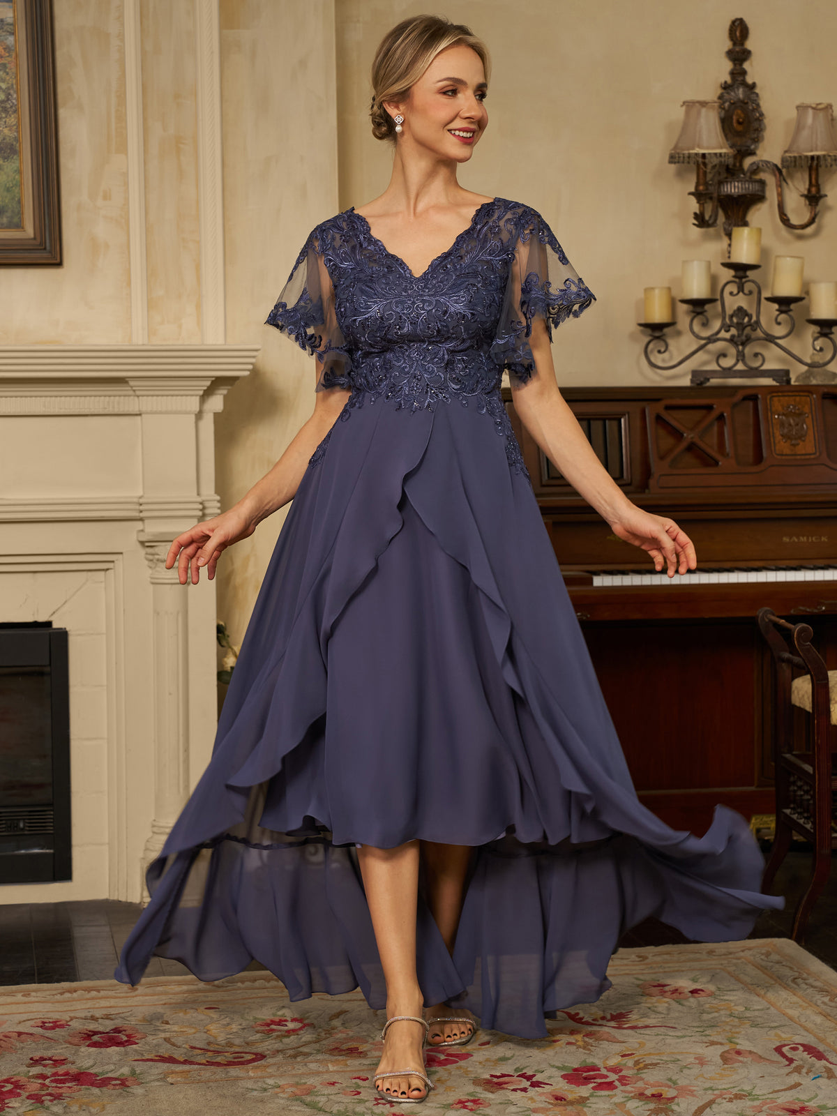 Hope Mae Steel Blue front view mother of the bride dress