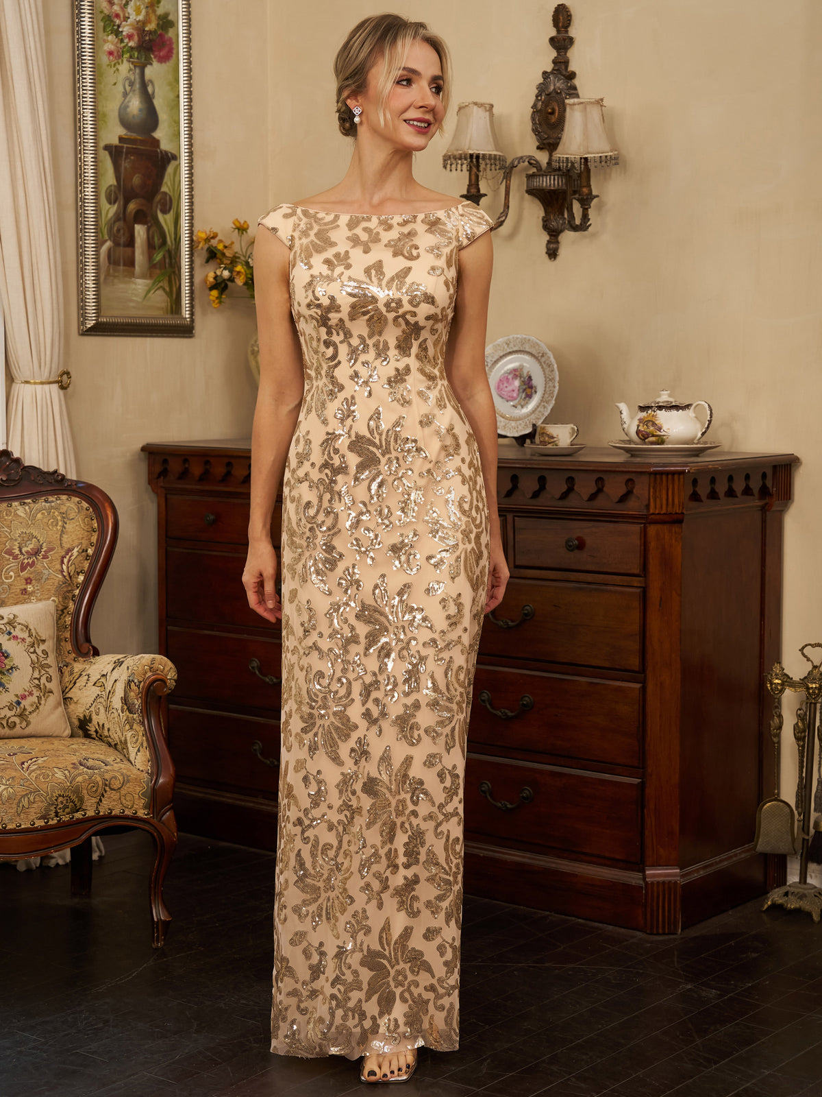 Amelia Rose Champagne front view mother of the bride dress