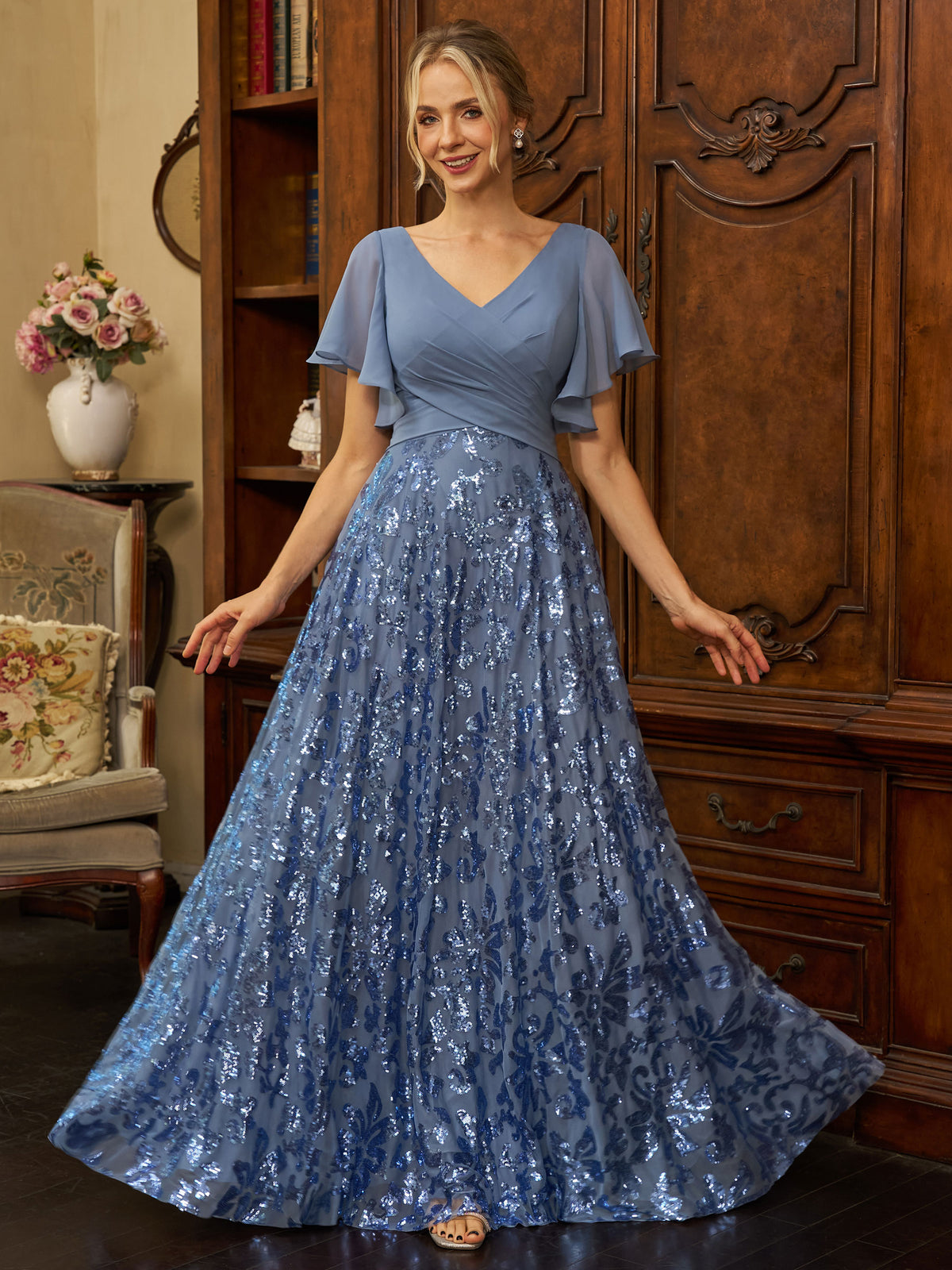 Imogen Mae Steel Blue front view mother of the bride dress