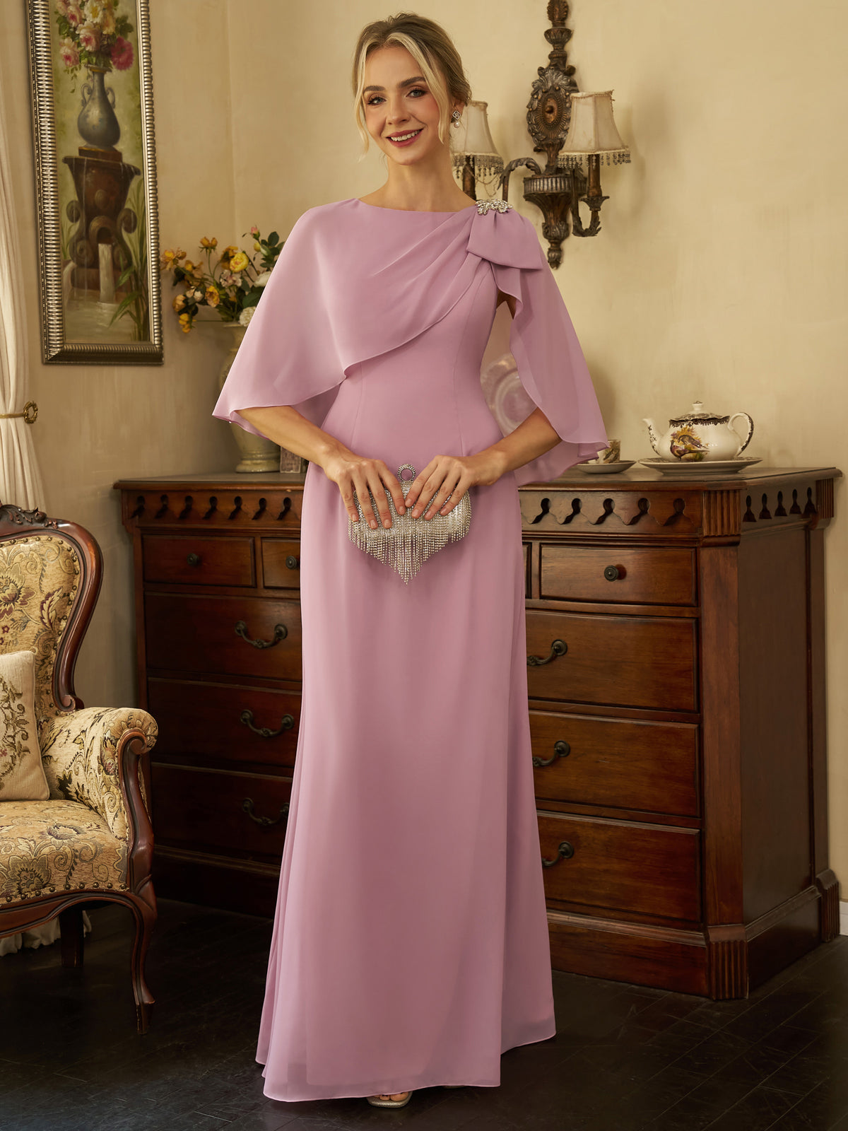 Helena Mae Dusty Rose front view mother of the bride dress