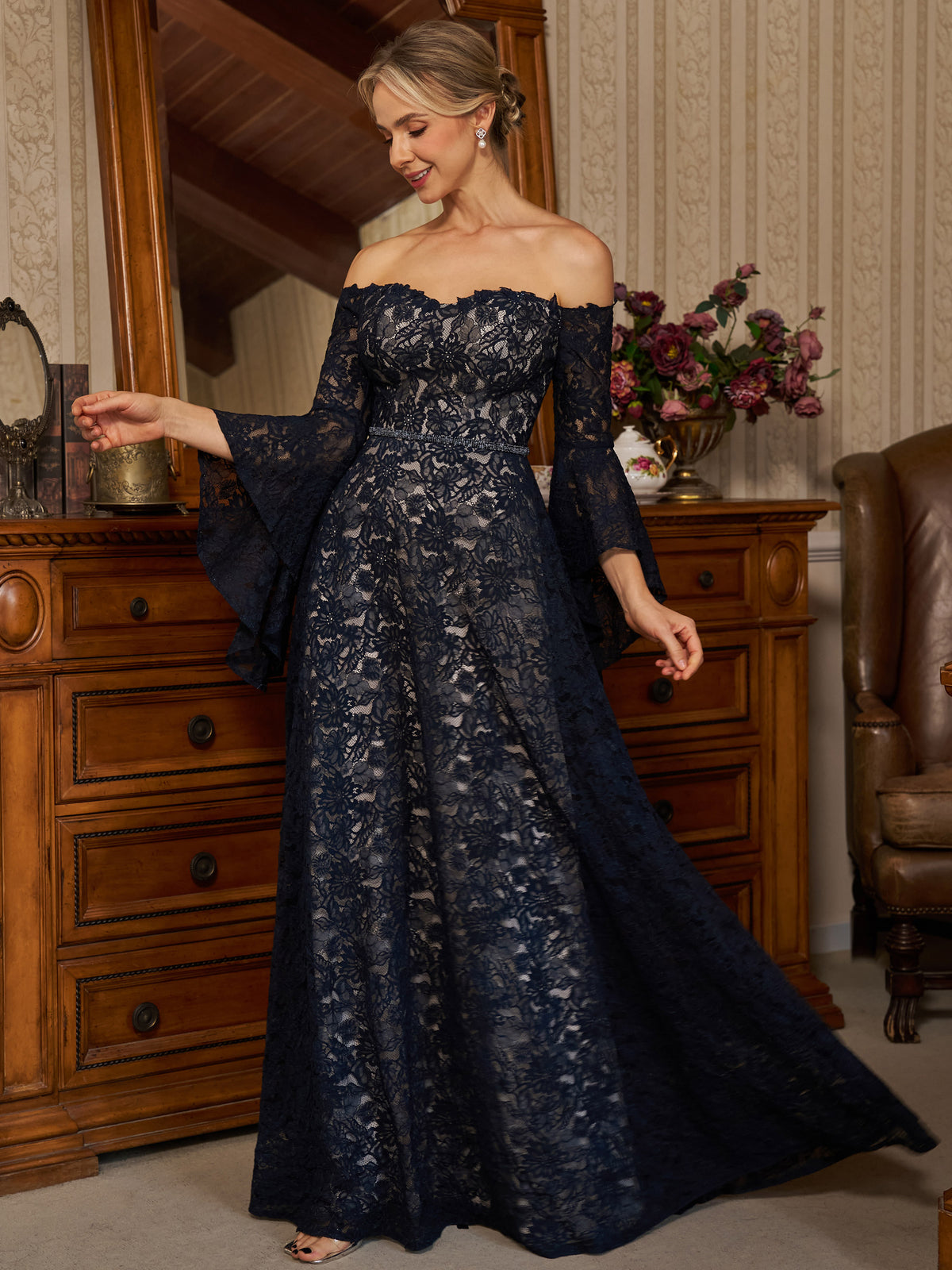 Hope Mae Navy Blue front view mother of the bride dress