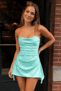 Navy Blue Strapless Sheath Irregular Hem Satin Short Homecoming & Cocktail Dress