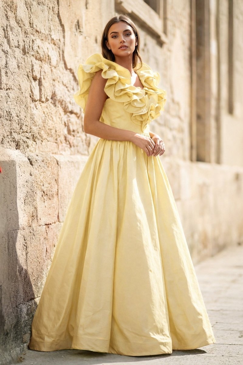 Kallista Yellow front view prom dress