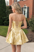 Blue Flower Jacquard Strapless A-Line Bowknot Homecoming Dress With Pearl