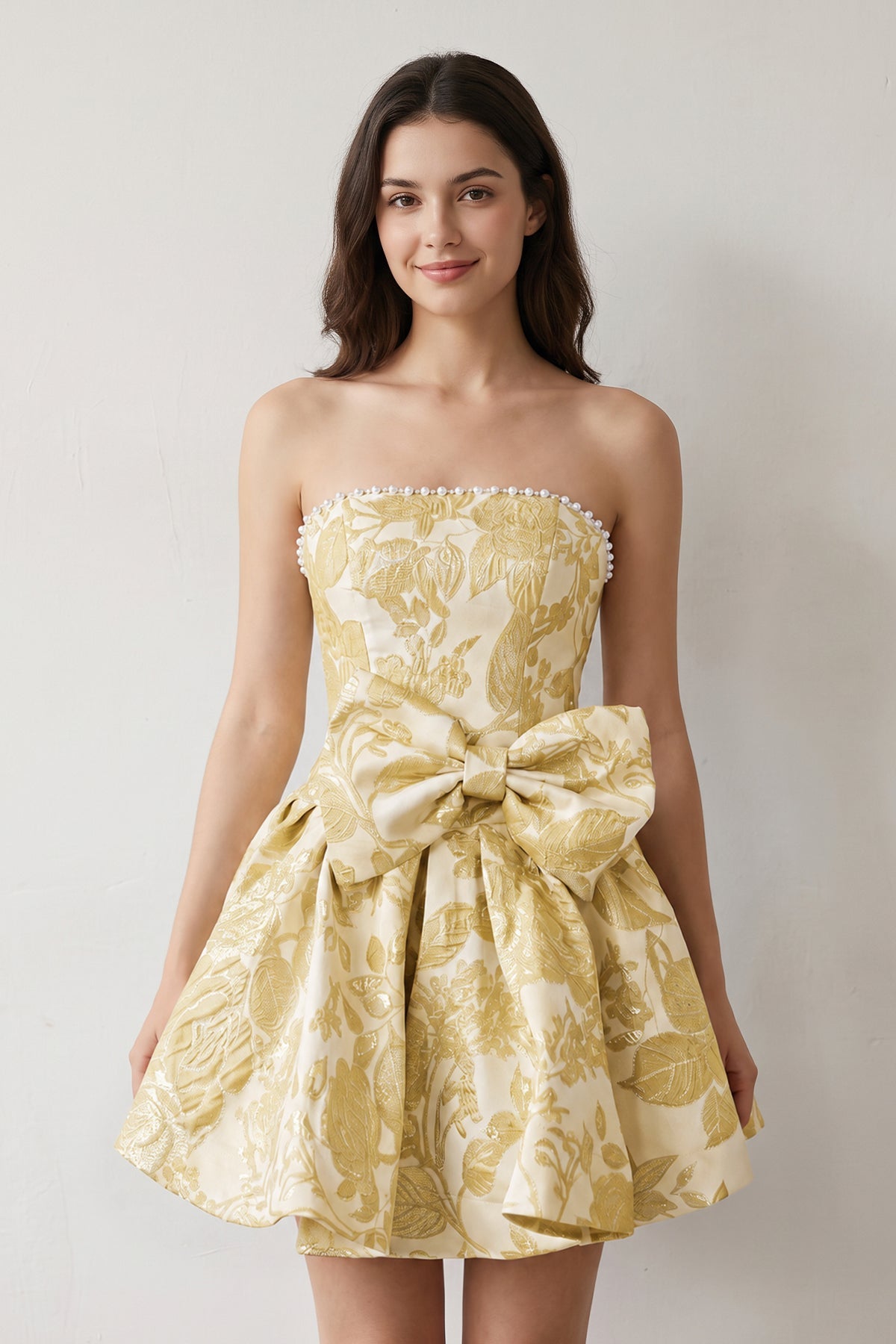 Blue Flower Jacquard Strapless A-Line Bowknot Homecoming Dress With Pearl