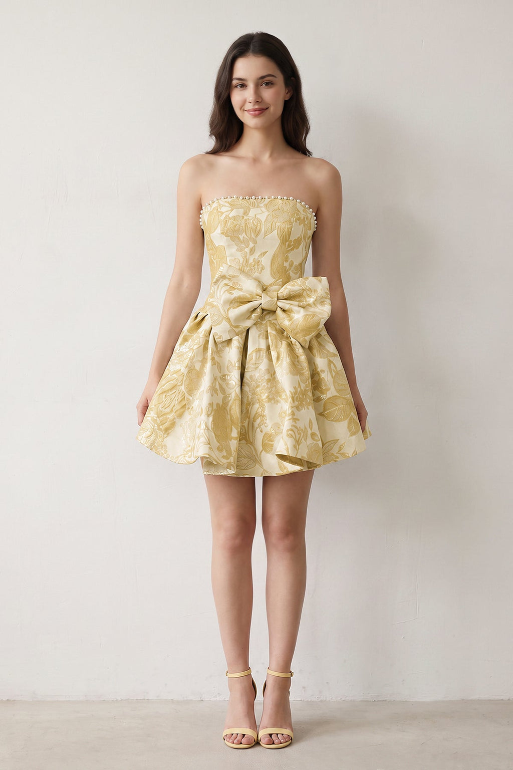 Blue Flower Jacquard Strapless A-Line Bowknot Homecoming Dress With Pearl