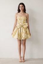 Blue Flower Jacquard Strapless A-Line Bowknot Homecoming Dress With Pearl