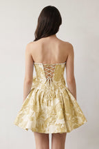 Blue Flower Jacquard Strapless A-Line Bowknot Homecoming Dress With Pearl