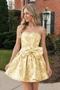 Blue Flower Jacquard Strapless A-Line Bowknot Homecoming Dress With Pearl