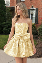 Blue Flower Jacquard Strapless A-Line Bowknot Homecoming Dress With Pearl
