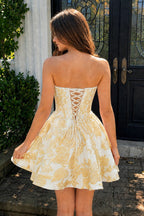 Pink Jacquard A-Line Strapless Corset Homecoming Dress With Pearl
