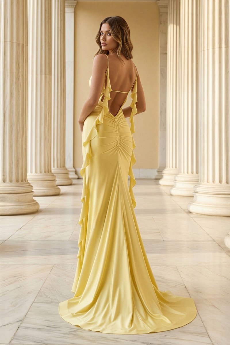Wilhelmina Reese Yellow back view prom dress