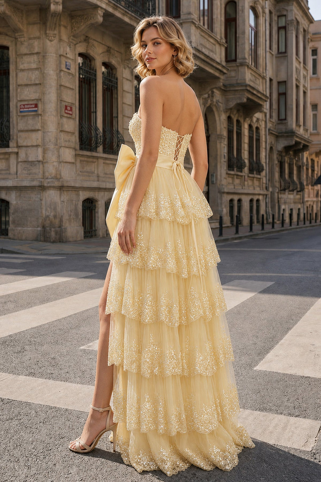 Sweetheart Light Blue Lace Appliques Ruffle Long Formal Gown