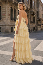 Sweetheart Light Blue Lace Appliques Ruffle Long Formal Gown