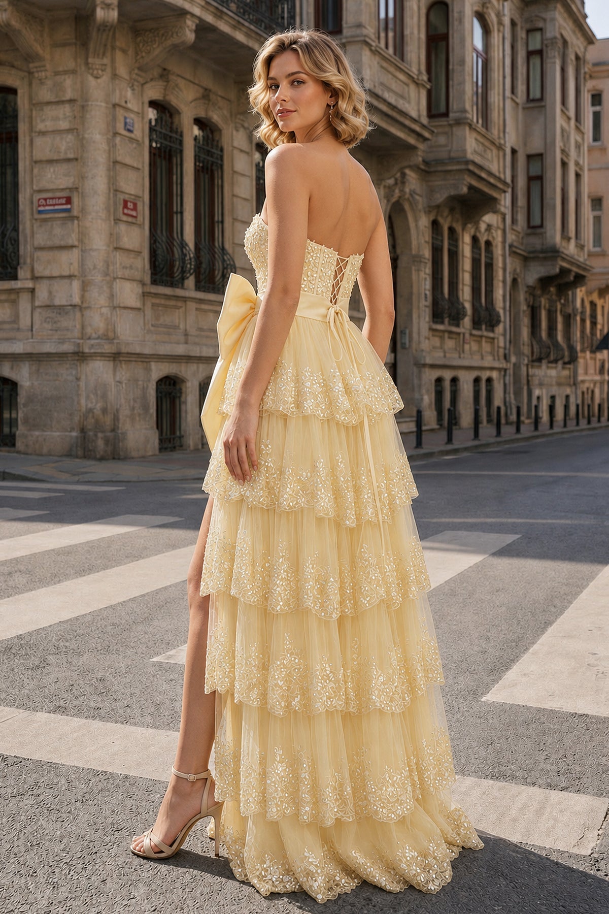 Sweetheart Light Blue Lace Appliques Ruffle Long Formal Gown