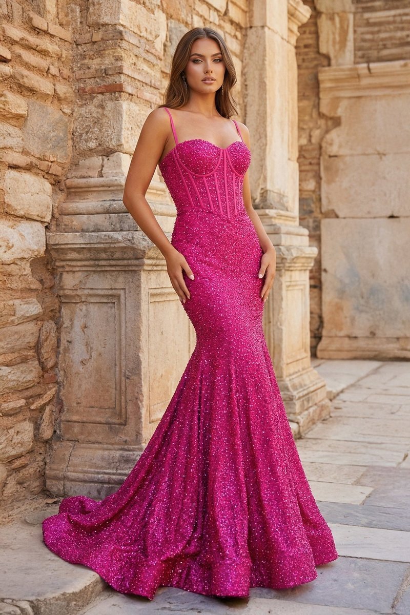 Fuchsia Sequins Mermaid Evening Dress with Sweetheart Neckline and Sequins