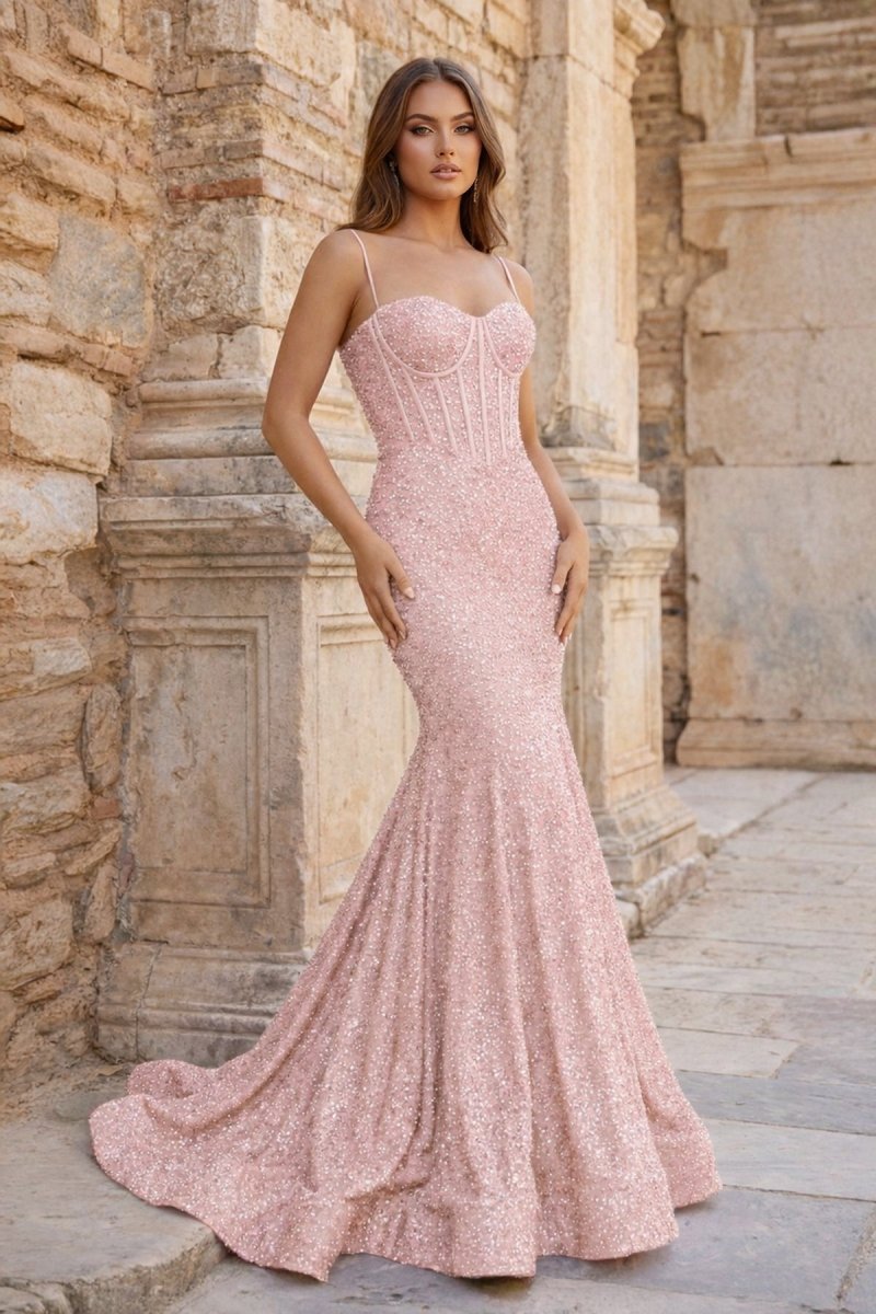 Fuchsia Sequins Mermaid Evening Dress with Sweetheart Neckline and Sequins